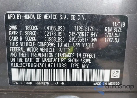 2020 Honda Hr-V Awd Lx из США, поврежденный, VIN 3CZRU6H30LM711089